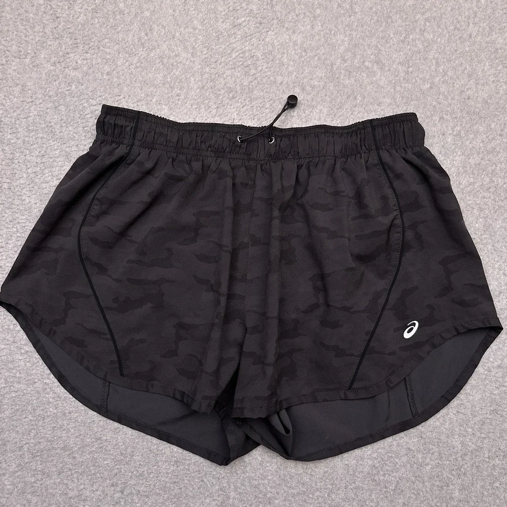 ASICS Piped Run Running Shorts Womens Large Gray Camo‎ Lightweight 2.5